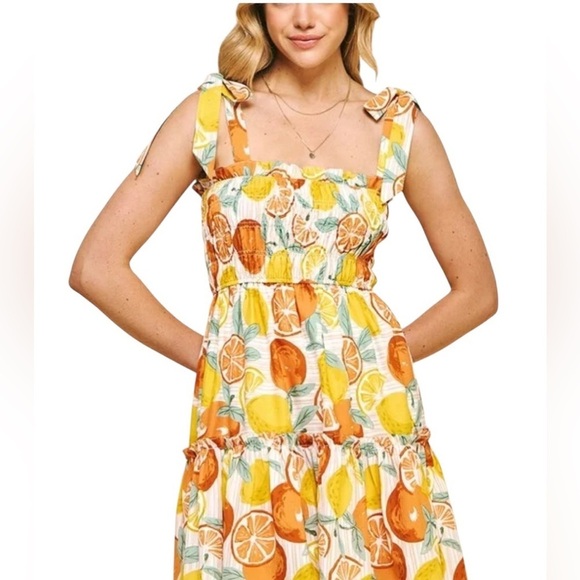 Nwot Pinch smocked mini tiered sun dress lemon & orange print lined size medium - Picture 3 of 14